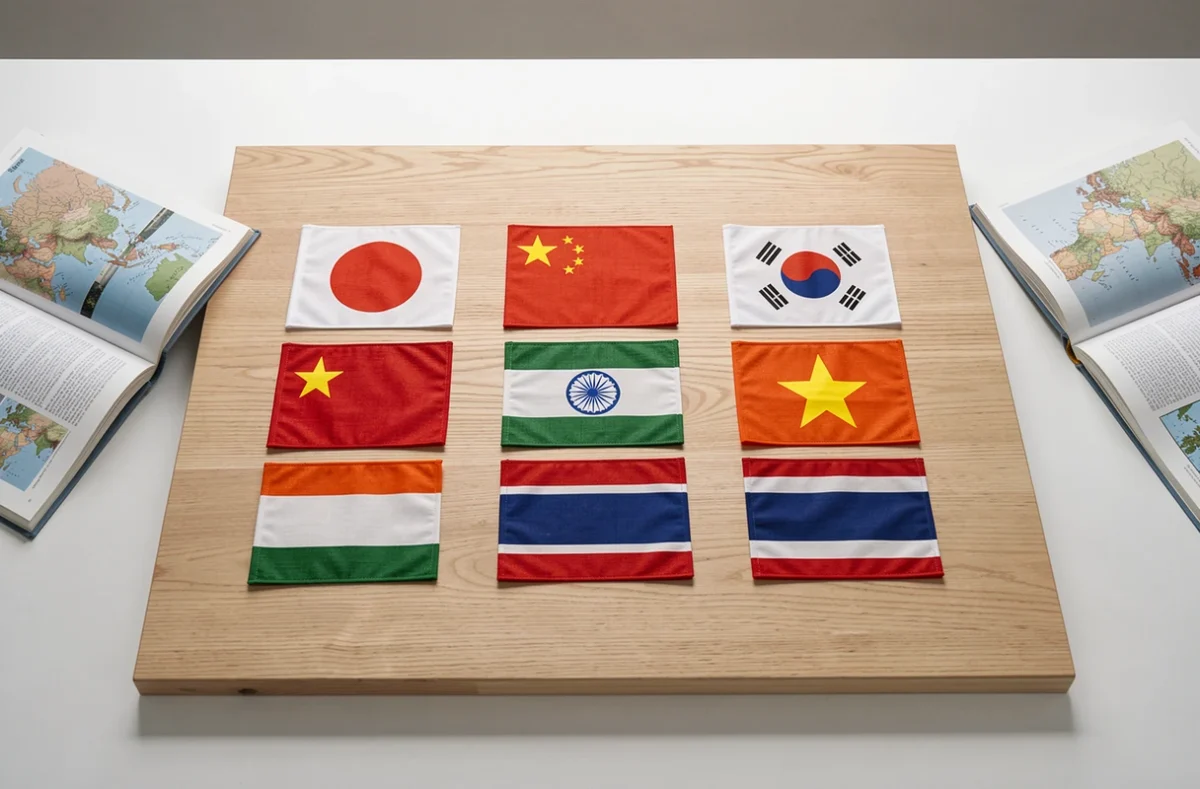 Collection de drapeaux asiatiques en tissu disposés en grille sur une table en bois clair