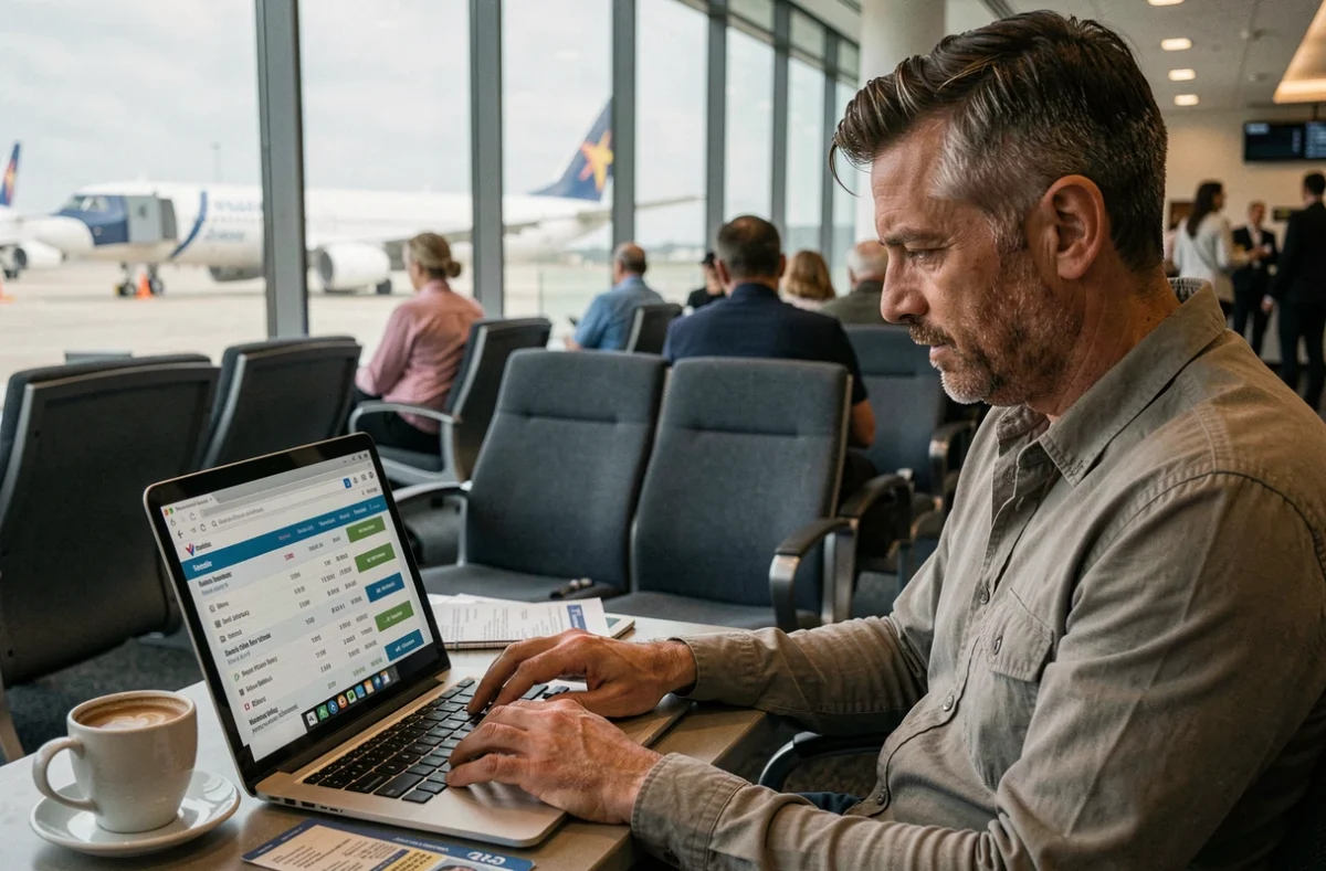 Homme comparant les prix de billets d'avion sur ordinateur portable dans un salon d'aéroport avant un vol