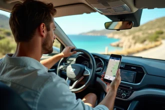 Homme au volant d'une voiture sur une route côtière corse consultant une application GPS sur smartphone, avec vue sur la mer en arrière-plan