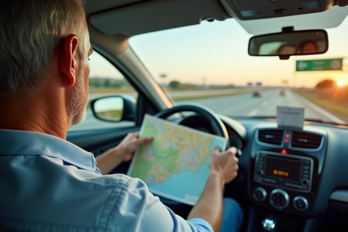 Conducteur consultant une carte routière dans une voiture sur une autoroute espagnole à péage