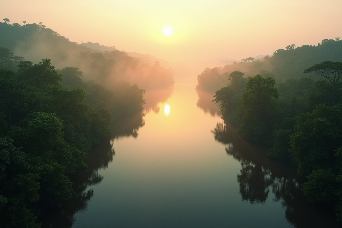 Lever de soleil sur le fleuve Congo vu d'en haut avec brume