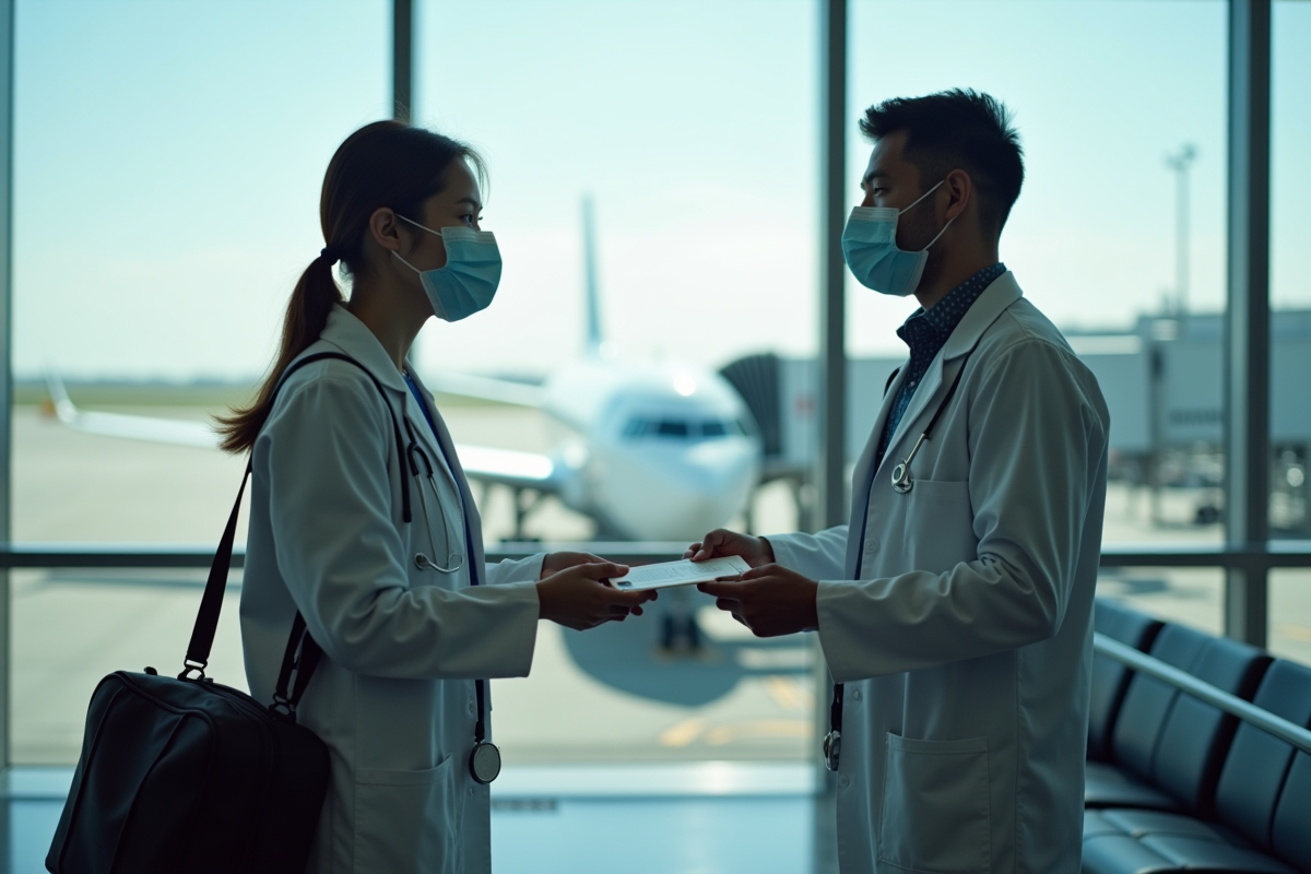 Médecin remettant une carte d embarquement à un passager masqué