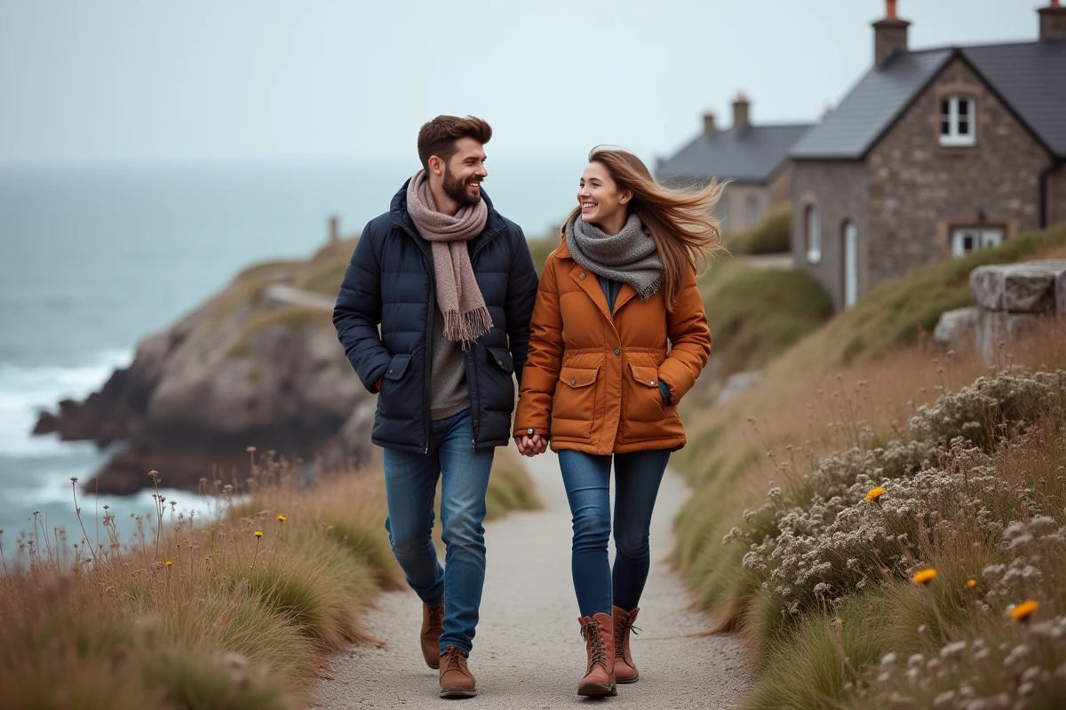 Jeune couple souriant sur la côte de Granit Rose
