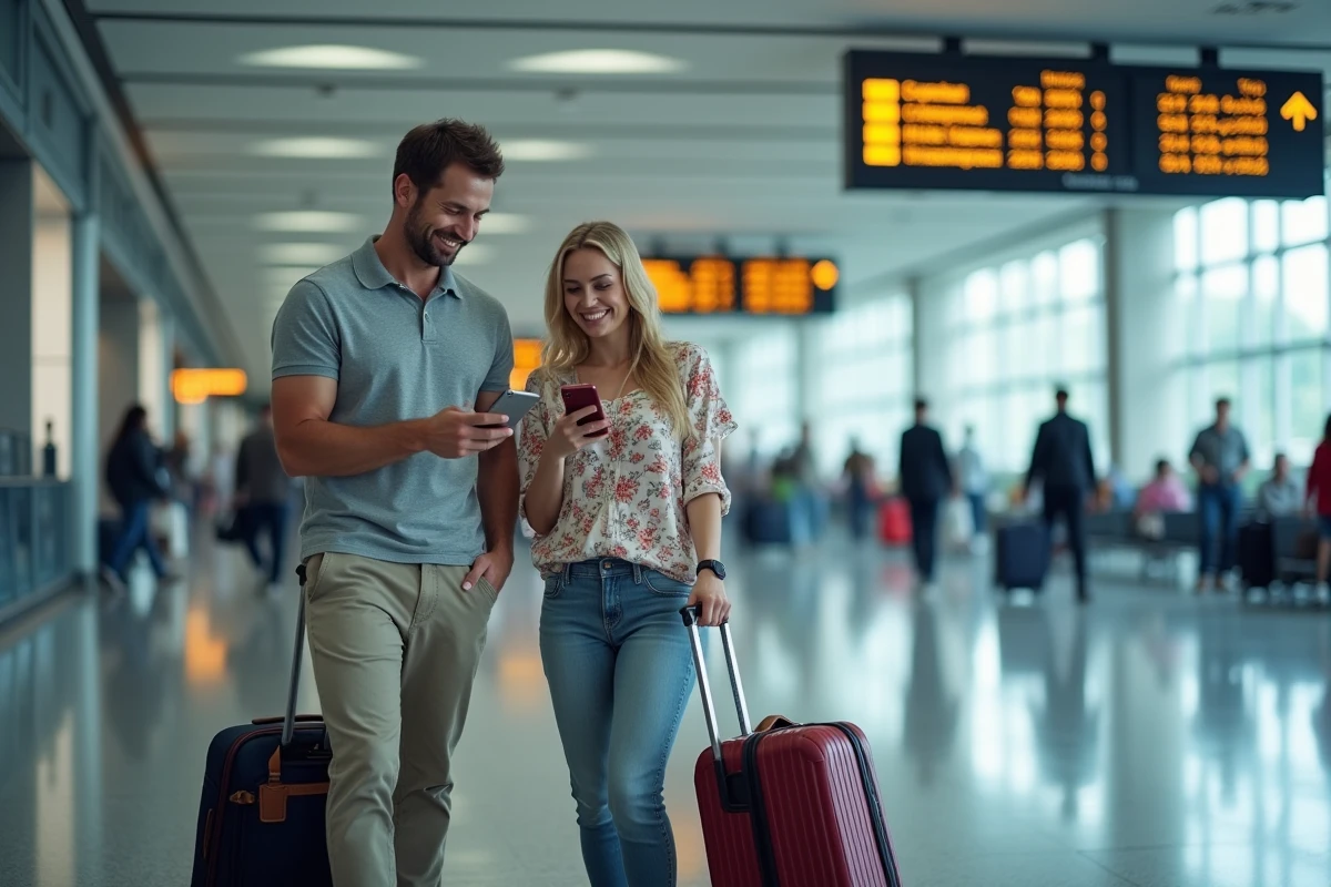 Couple vérifiant des offres de voyage de dernière minute sur smartphone dans un terminal d'aéroport