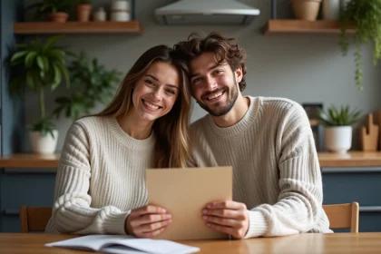 Jeune couple souriant avec carte cadeau voyage &agrave; la maison