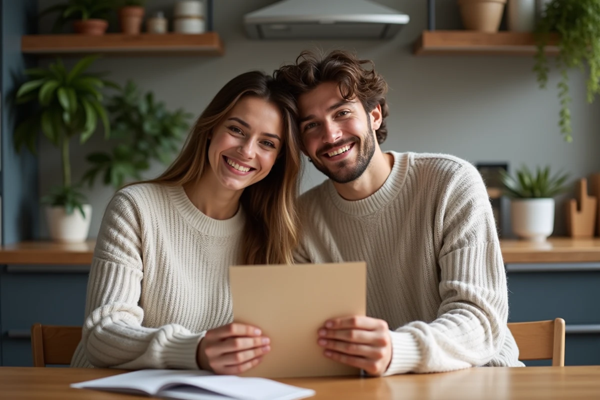 Jeune couple souriant avec carte cadeau voyage à la maison