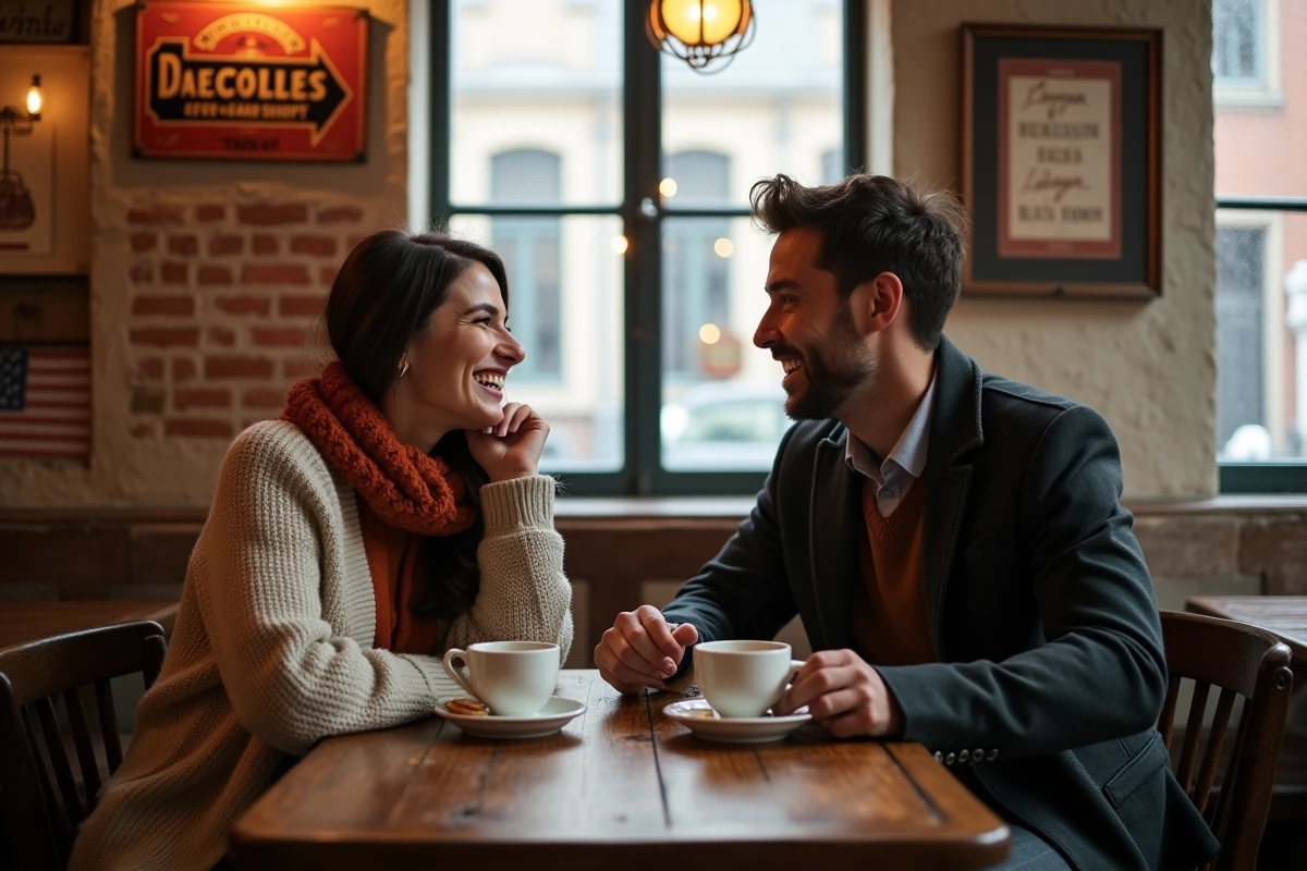 Couple dégustant un chocolat chaud belge dans un café chaleureux et rustique à Bruges