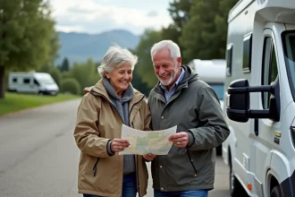 Couple souriant avec van en Espagne près de Dancharia
