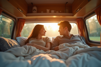Jeune couple relaxant dans un van aménagé avec toit relevé