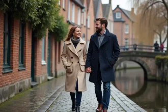 Couple amoureux se promenant main dans la main le long d'un canal pittoresque à Bruges en automne