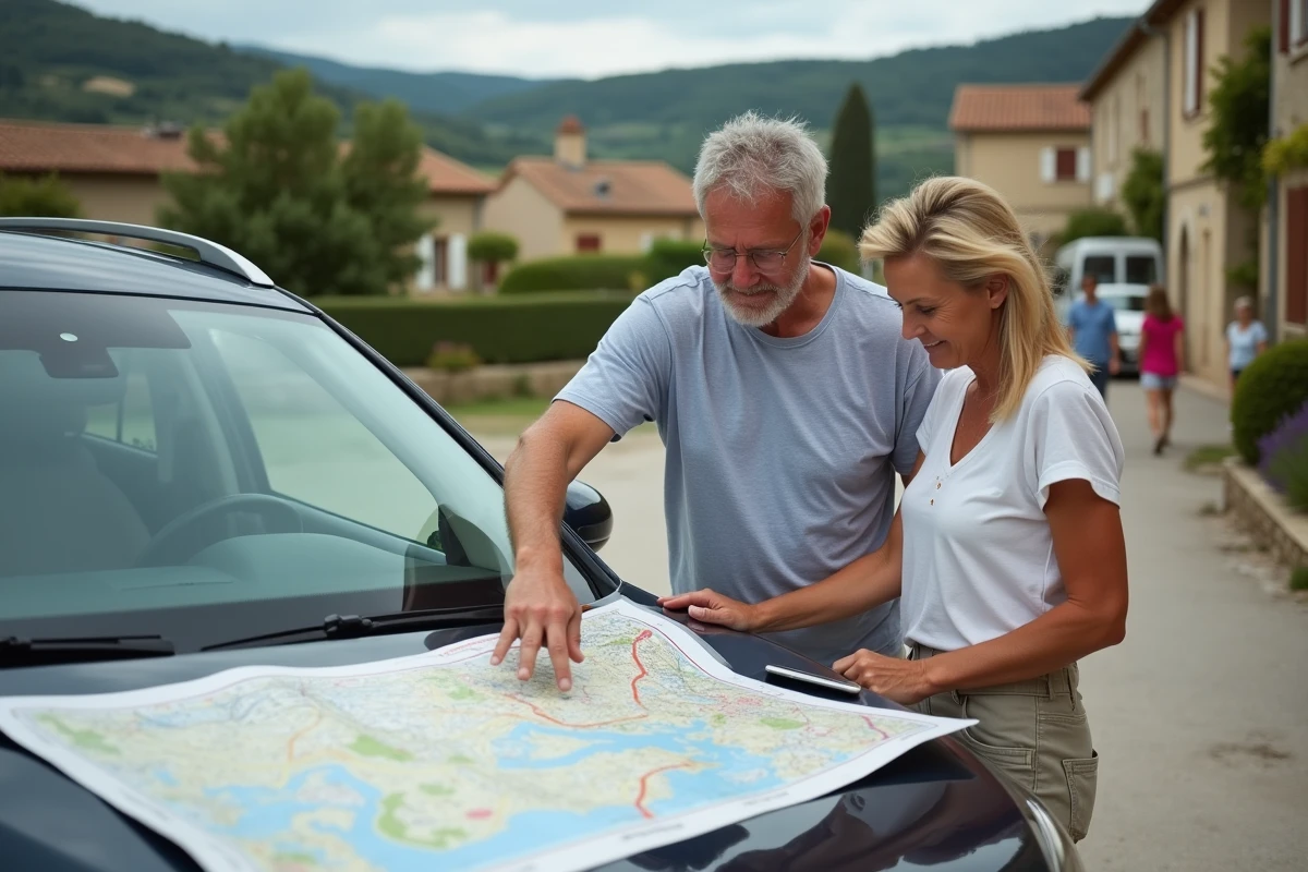 Couple planifiant un itinéraire de vacances en France avec une carte routière et une tablette affichant Mappy, devant un village provençal