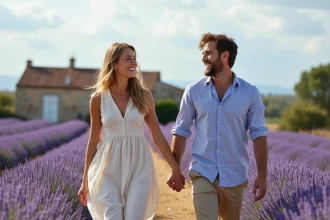 Couple romantique se promenant dans un champ de lavande en Provence Vaucluse