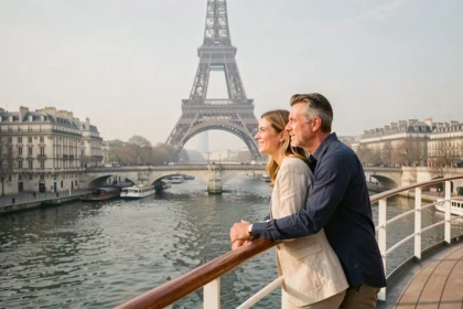 Couple sur le pont d'un bateau de croisière fluviale avec vue sur la Tour Eiffel et la Seine à Paris
