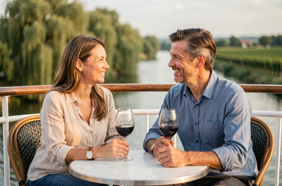 Couple profitant d'une dégustation de vin sur le pont d'un bateau fluvial sur le Rhône