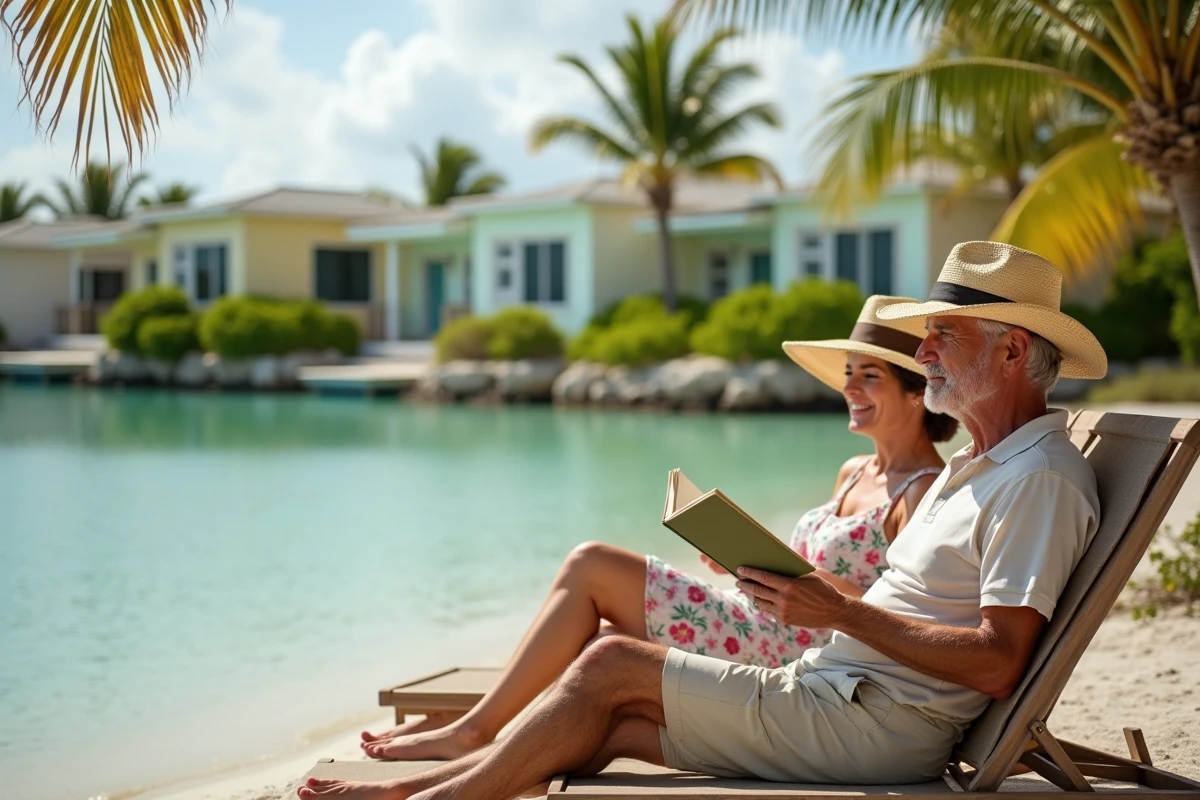 Couple se relaxant au bord de l'eau dans un resort tropical à Marathon, Florida Keys