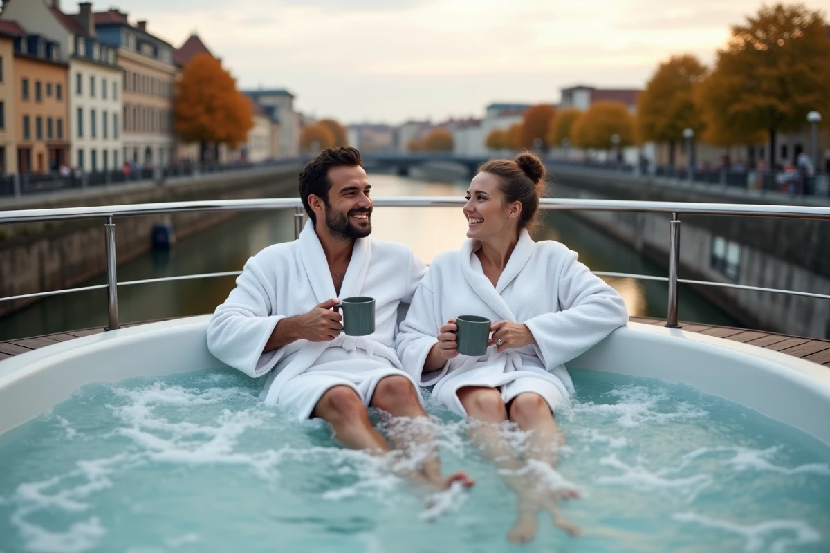 Couple profitant d'un jacuzzi sur le pont d'une péniche à Toulouse avec vue sur les quais et les façades en brique rose