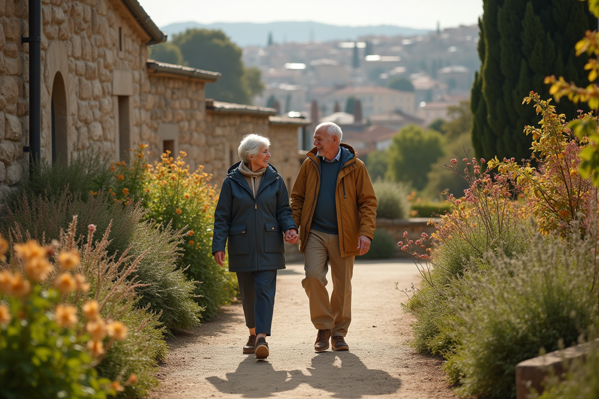 Couple âgé explorant un jardin botanique en hiver