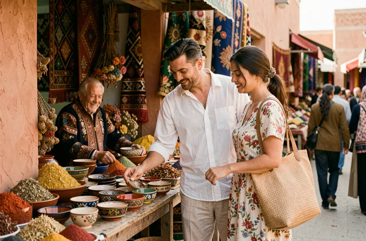 Couple de voyageurs découvrant des céramiques artisanales auprès d'un vendeur local sur un marché coloré en Ouzbékistan