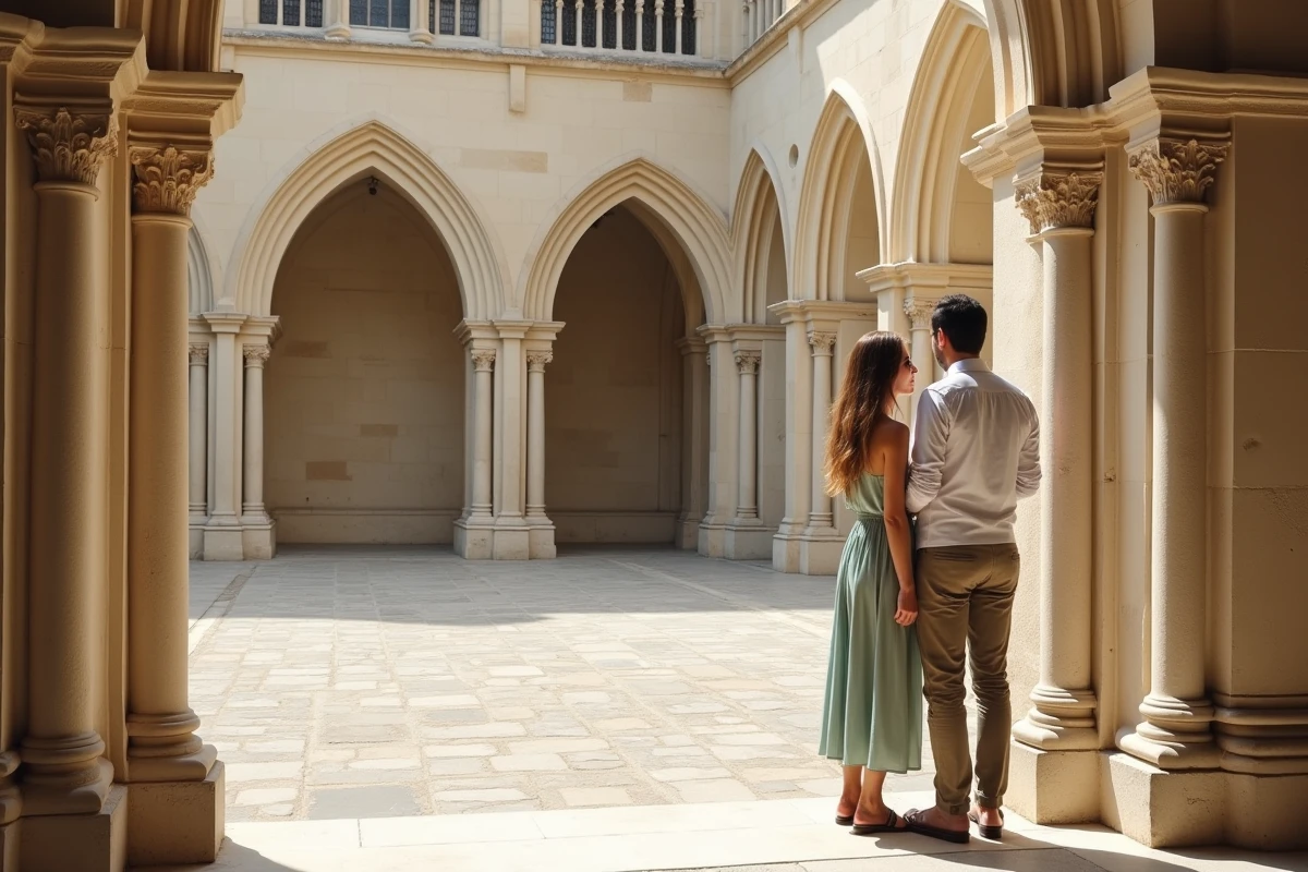 Couple visitant le Palais des Papes à Avignon lors d'une escapade romantique