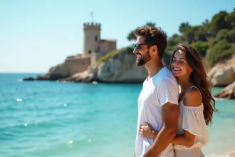 Jeune couple souriant près de la mer à Fautea