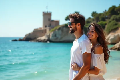 Jeune couple souriant pr&egrave;s de la mer &agrave; Fautea