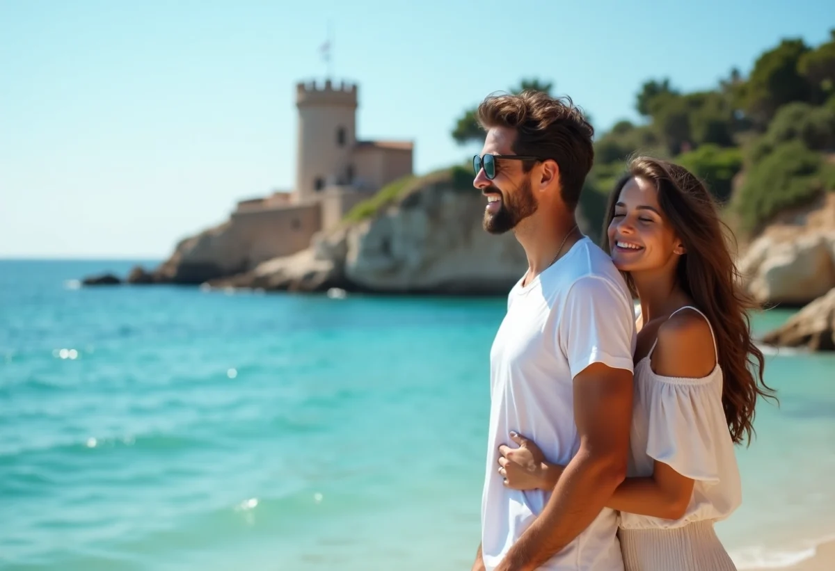 Jeune couple souriant près de la mer à Fautea
