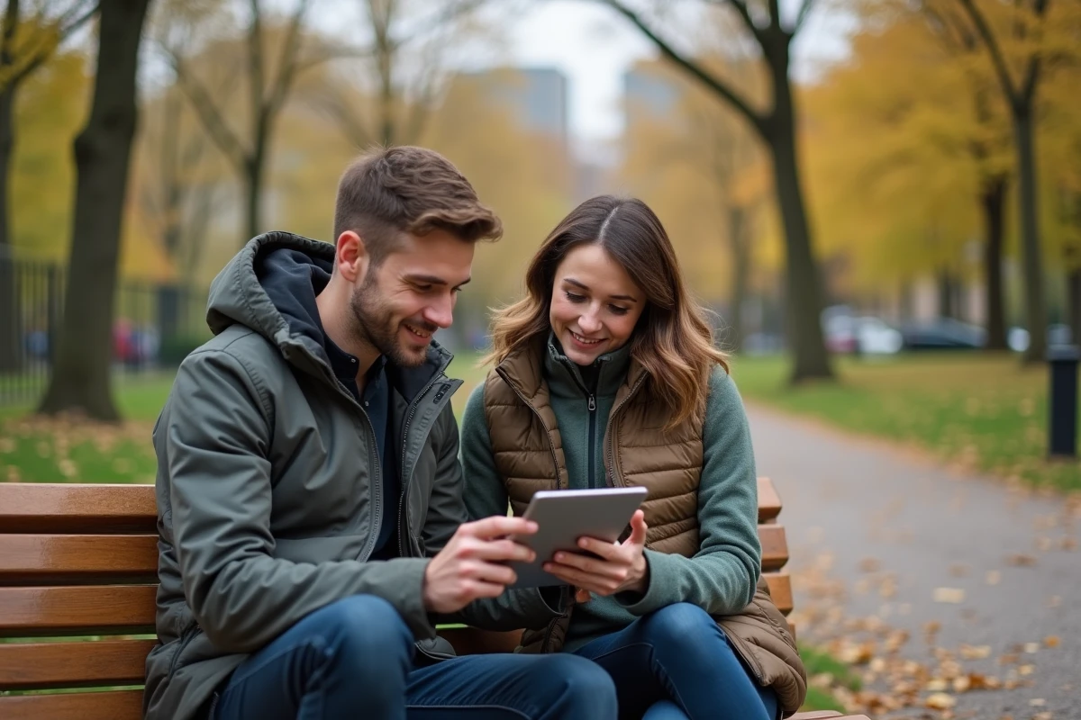 Couple planifiant une randonnée à pied en ville avec Google itinéraire sur une tablette dans un parc urbain