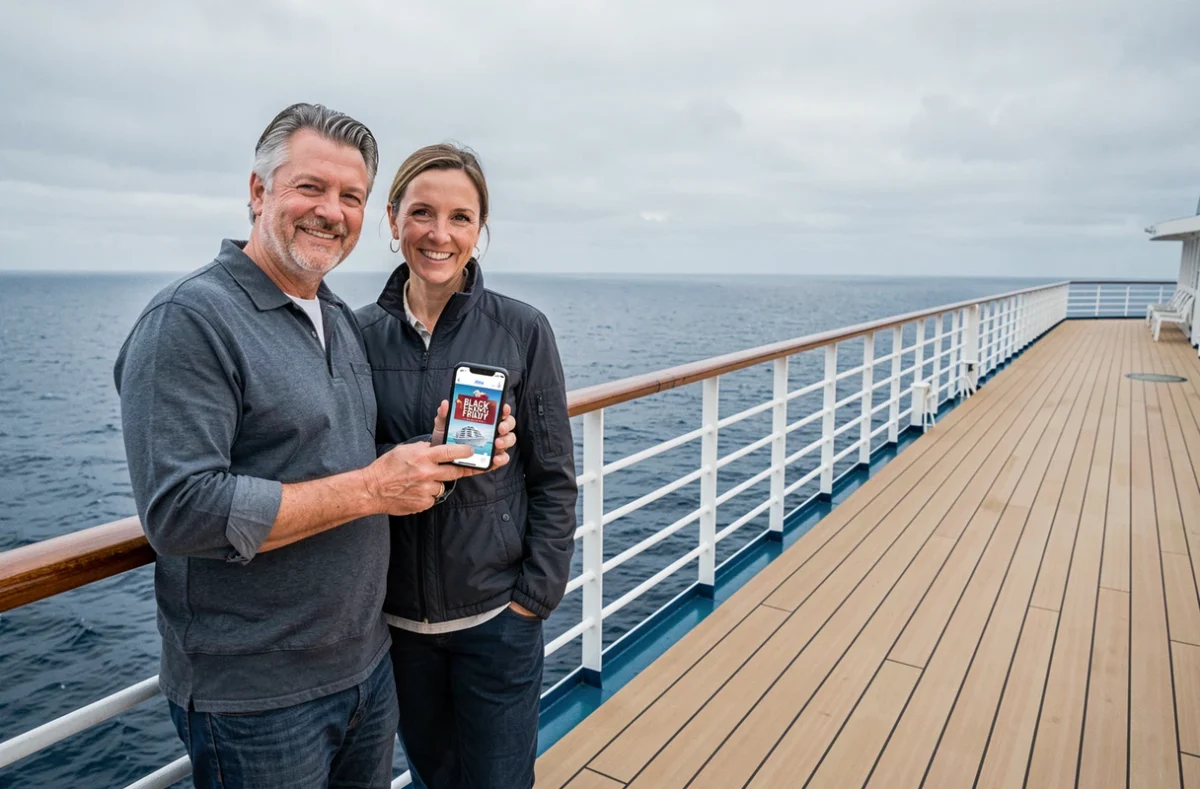 Couple sur le pont d'un bateau de croisière consultant des promotions Black Friday sur smartphone