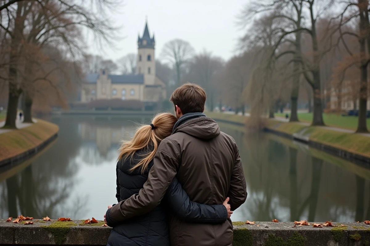 Couple romantique sur un pont de pierre contemplant le lac Minnewater à Bruges en automne