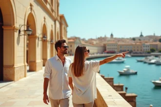 Couple se promenant sur la promenade de La Valette à Malte en basse saison touristique avec vue sur le Grand Harbour
