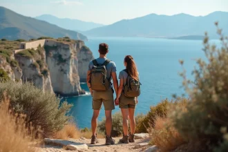 Jeune couple en randonnée sur les falaises de Karpathos