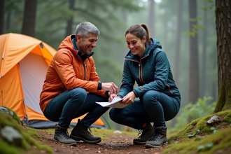 Couple en plein air vérifiant leur équipement de camping