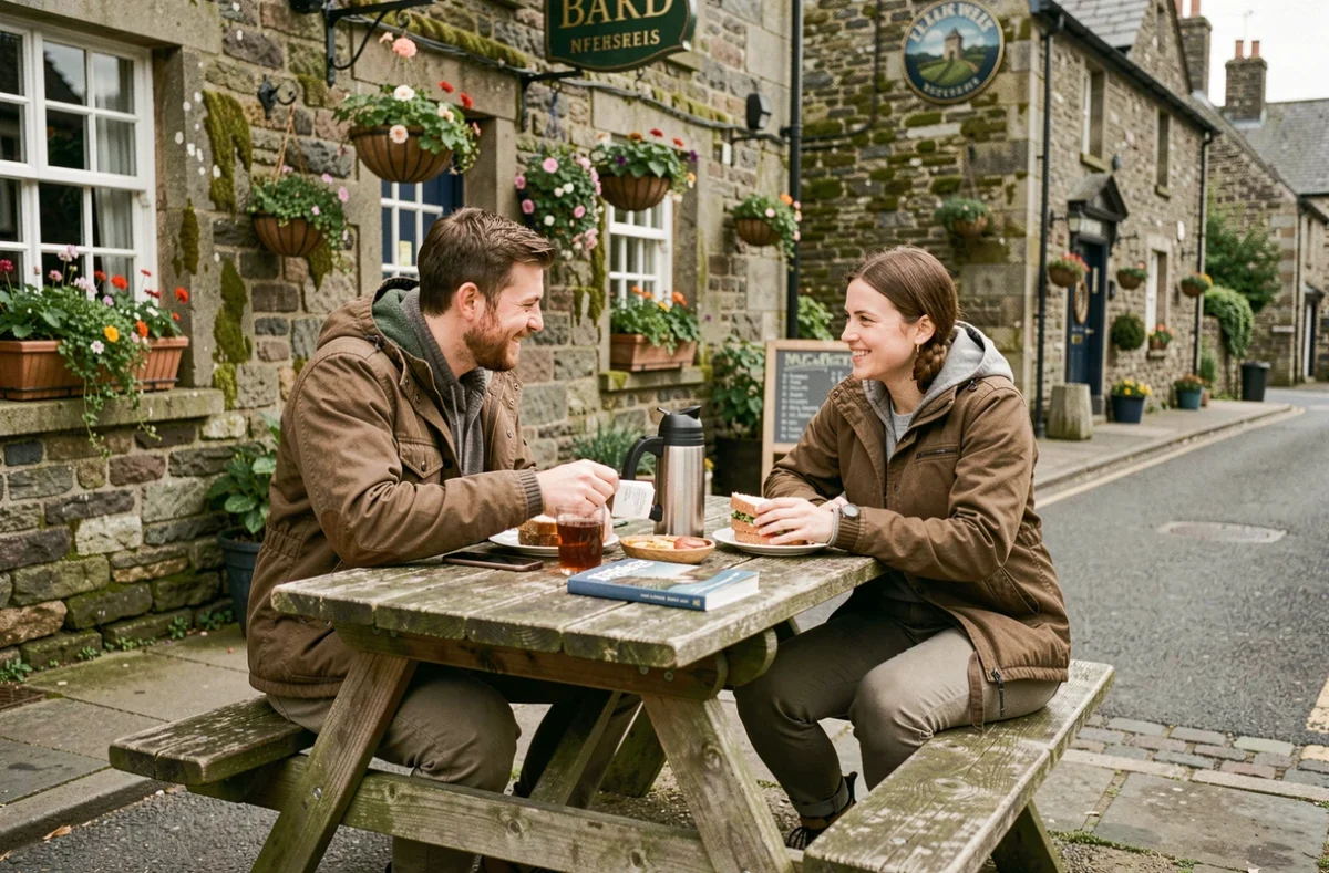 Couple de voyageurs français déjeunant devant un pub irlandais traditionnel lors d'un séjour en Irlande à petit budget