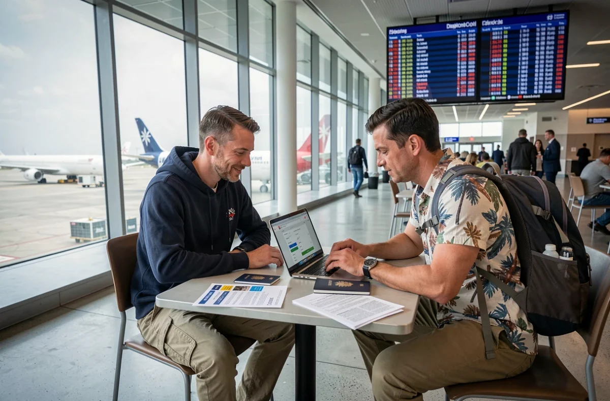 Couple consultant un site de voyage en ligne à l'aéroport de Nantes avant un départ dernière minute en 2026