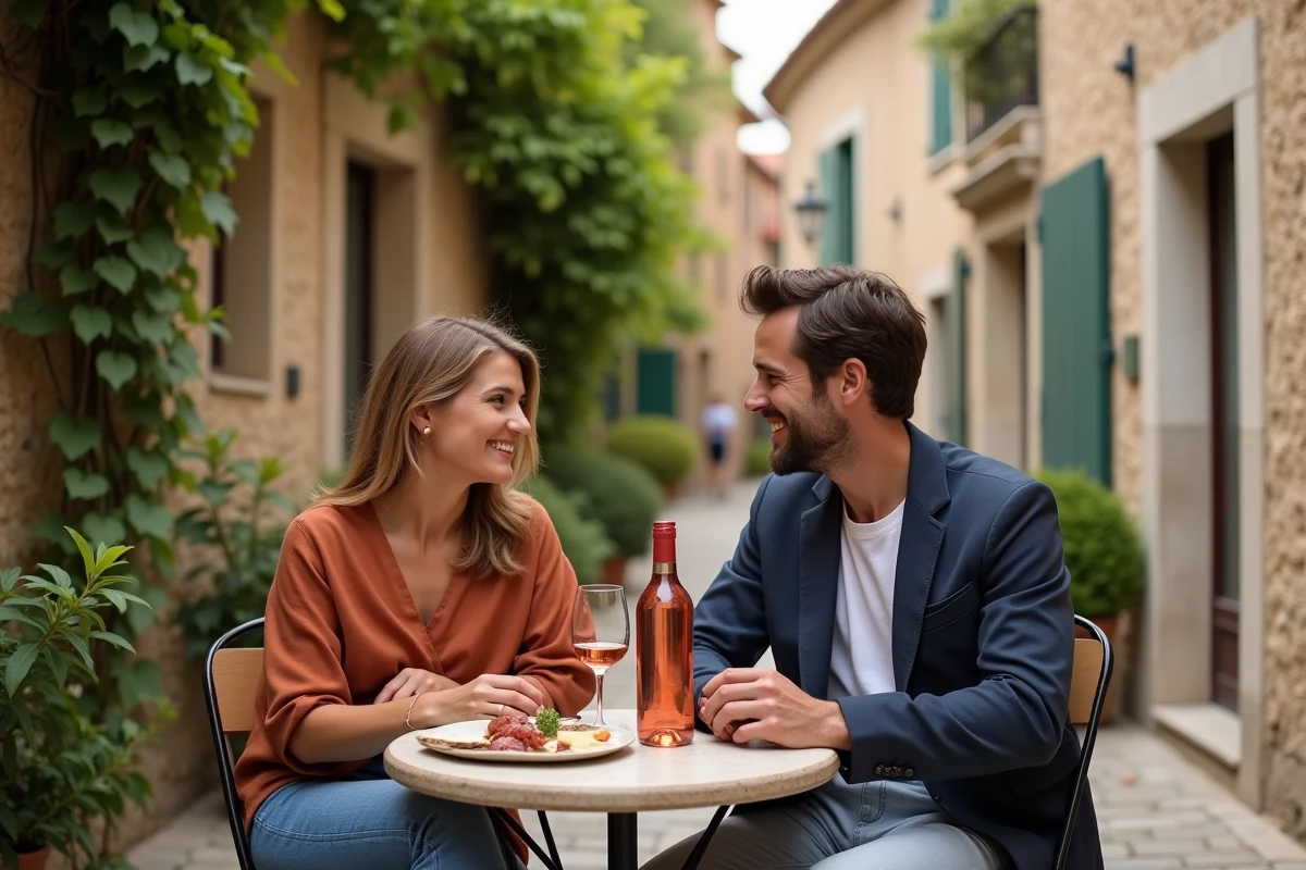 Couple en amoureux attablé en terrasse dans un village perché du Luberon