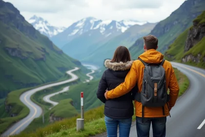 Couple regardant la route serpentine de Trollstigen