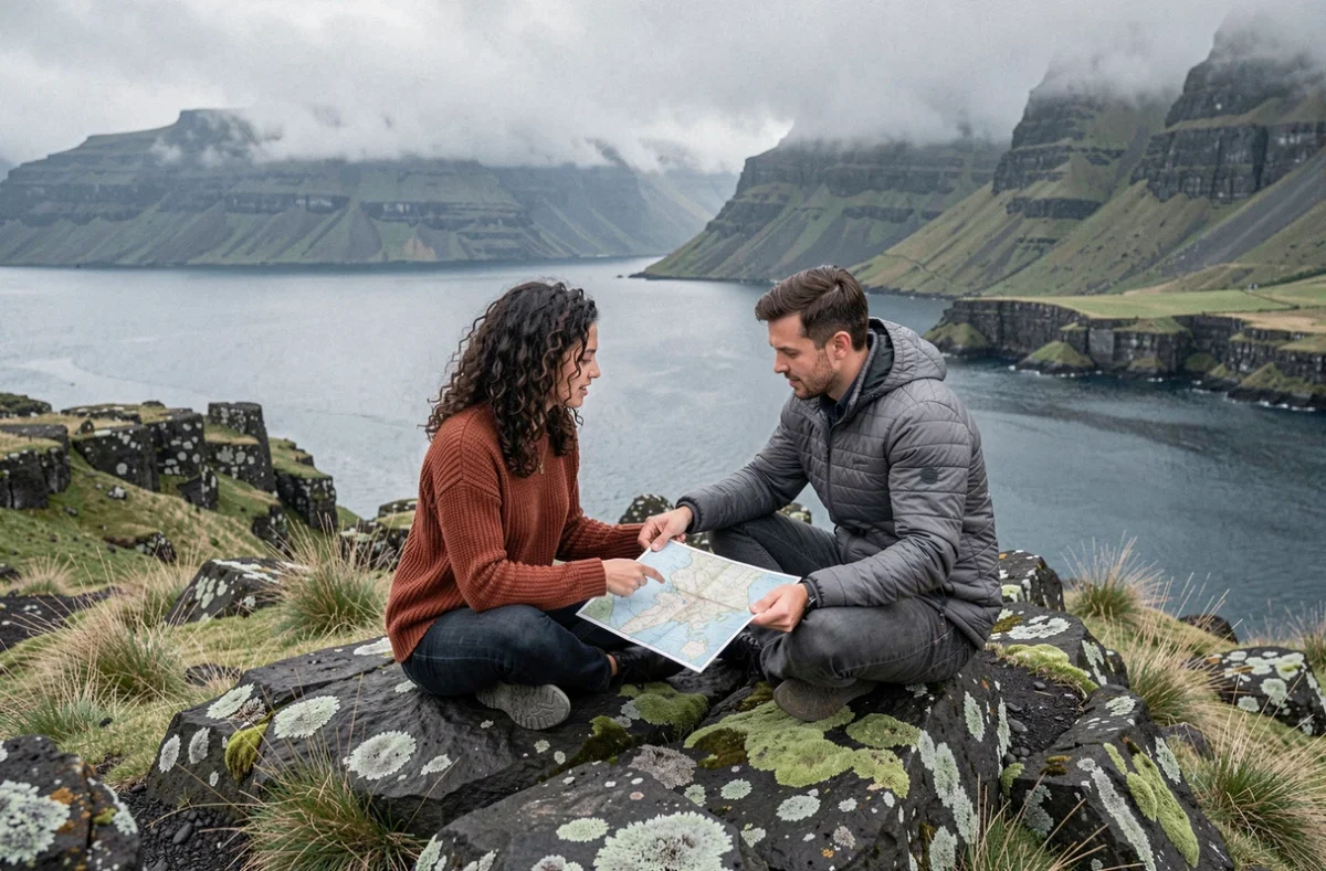 Couple étudiant une carte sur des rochers volcaniques face à un fjord brumeux aux îles Féroé lors d'un voyage insolite