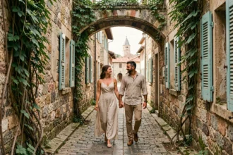 Couple de voyageurs marchant main dans la main dans une ruelle pavée d'un village balkanique isolé aux murs de pierre couverts de vignes