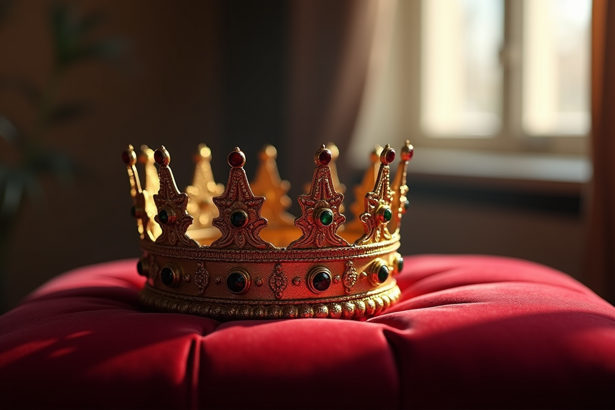 Couronne ancienne en or avec pierres précieuses sur un coussin rouge