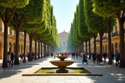 Le Cours Mirabeau à Aix-en-Provence avec ses platanes et ses fontaines historiques le matin