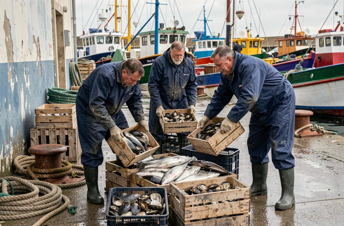 Pêcheurs déchargeant leurs prises à la criée du port de La Cotinière sur l'île d'Oléron