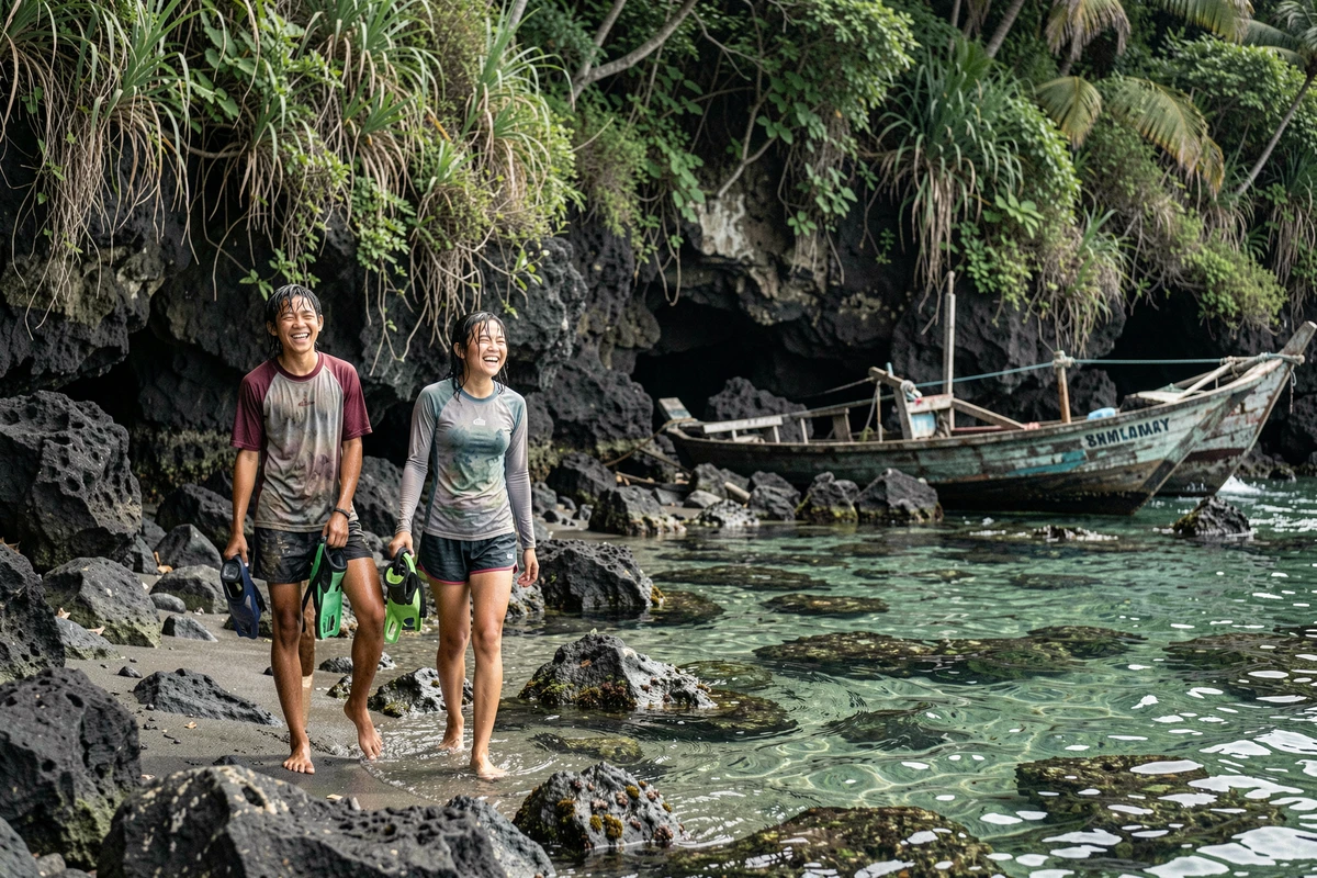 Adolescents balinais locaux explorant une crique sauvage isolée à Padangbai avec équipement de plongée