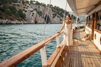 Femme à bord d'une gulet turque traditionnelle naviguant sur la côte égéenne turquoise