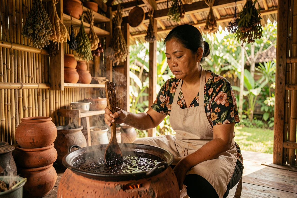 Cuisinière balinaise préparant un plat traditionnel dans un warung familial authentique à Padangbai