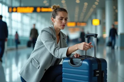 Femme frustrée tentant de débloquer le code oublié de sa valise dans un aéroport