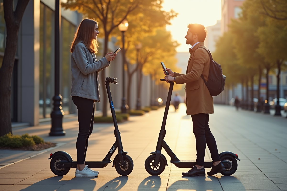 Deux personnes comparant des scooters électriques en ville