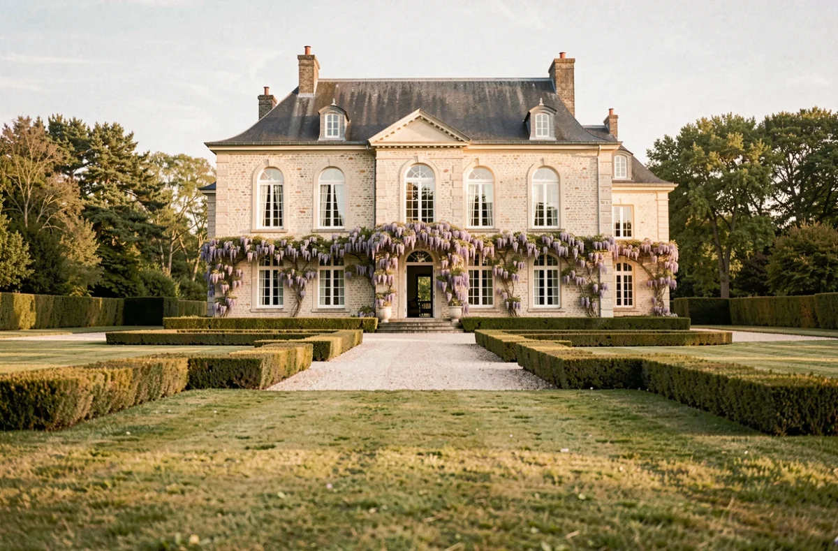 Domaine de Kerrosen, manoir breton en pierre avec pelouse soignée et allée gravillonnée dans les Côtes-d'Armor