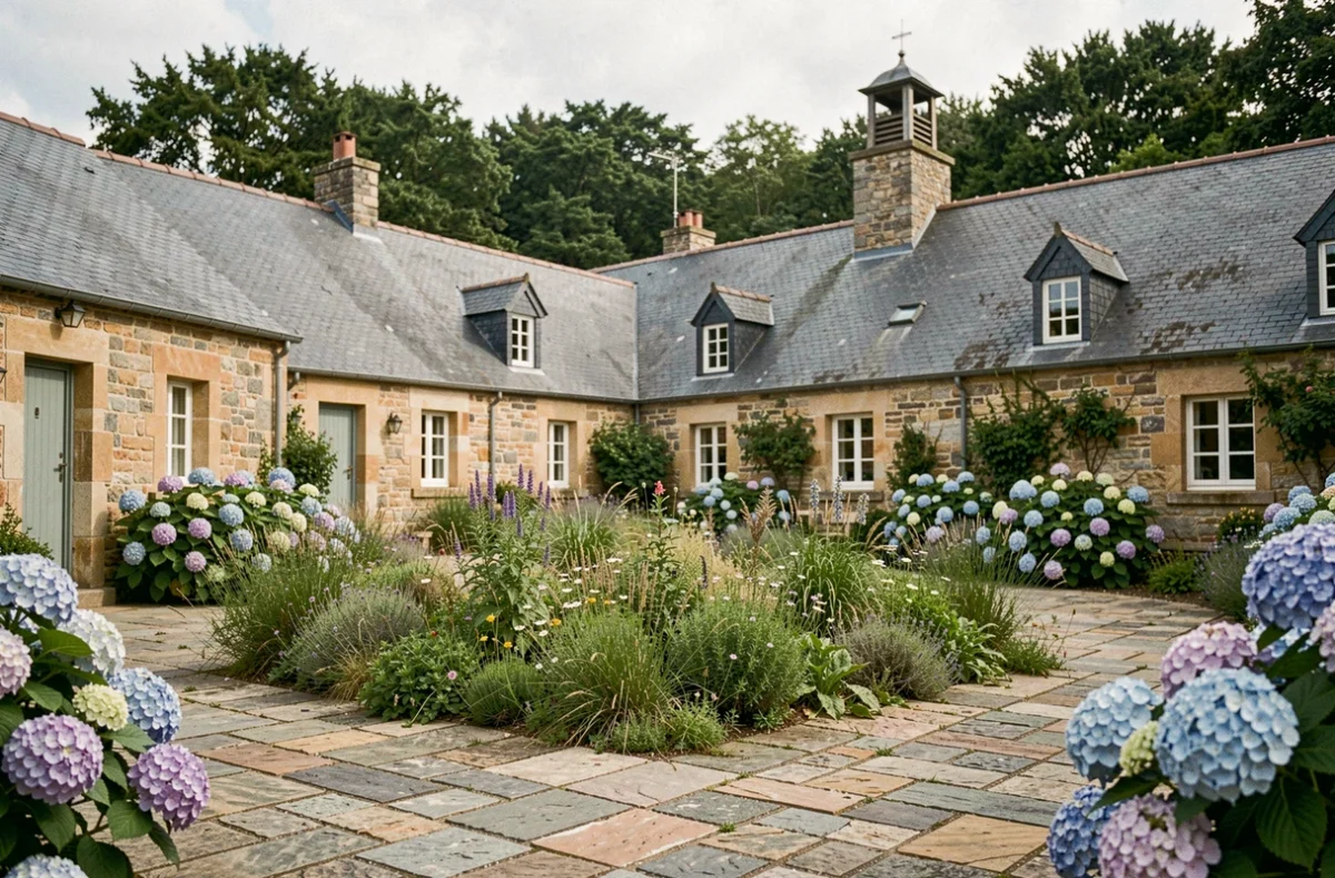 Domaine de la Tarais, chambre d'hôtes en corps de ferme breton avec cour intérieure, colombier et hortensias