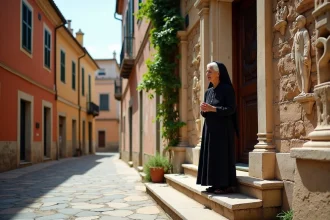 Femme âgée sicilienne en noir devant l'église baroque de Corleone, symbole de spiritualité et de tradition