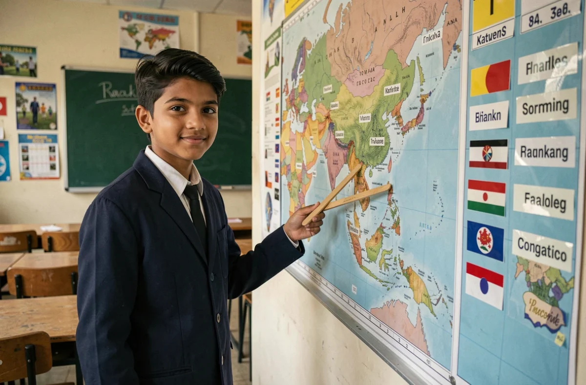 Adolescent désignant les pays d'Asie du Sud sur une carte murale avec des drapeaux en salle de classe